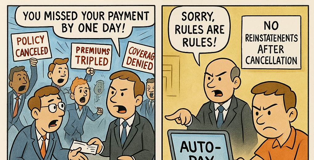 A cartoon depicting a man being told his policy is cancelled for being 1 day late with his payment.